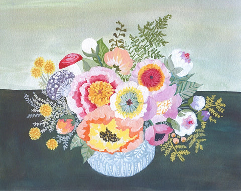 Peonies, Ferns, and Mushrooms